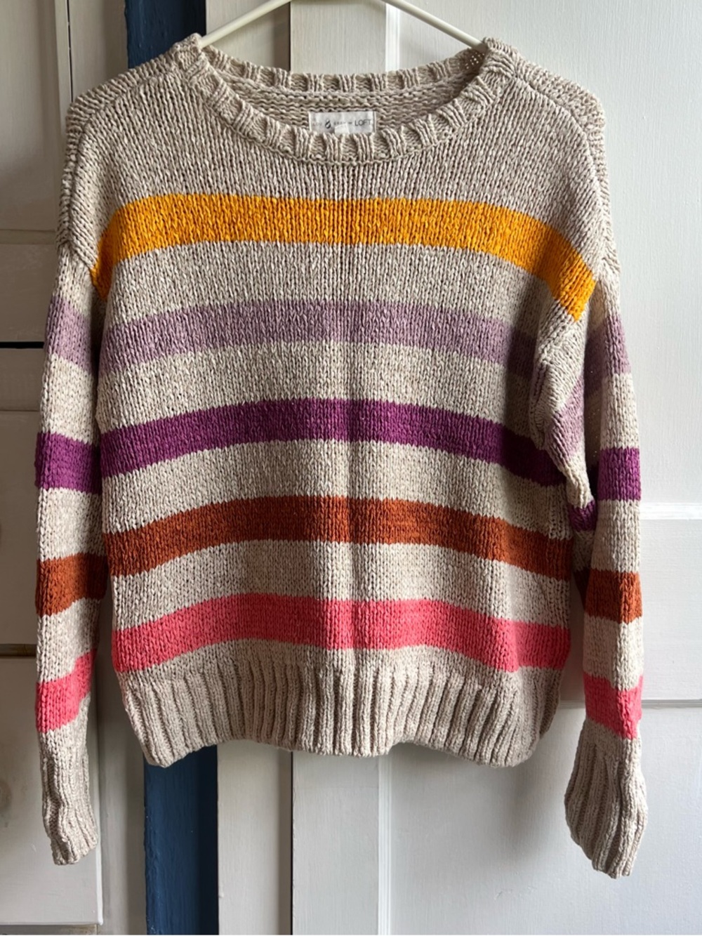 Striped Crewneck Sweater in Cream with Multi-Color Stripes